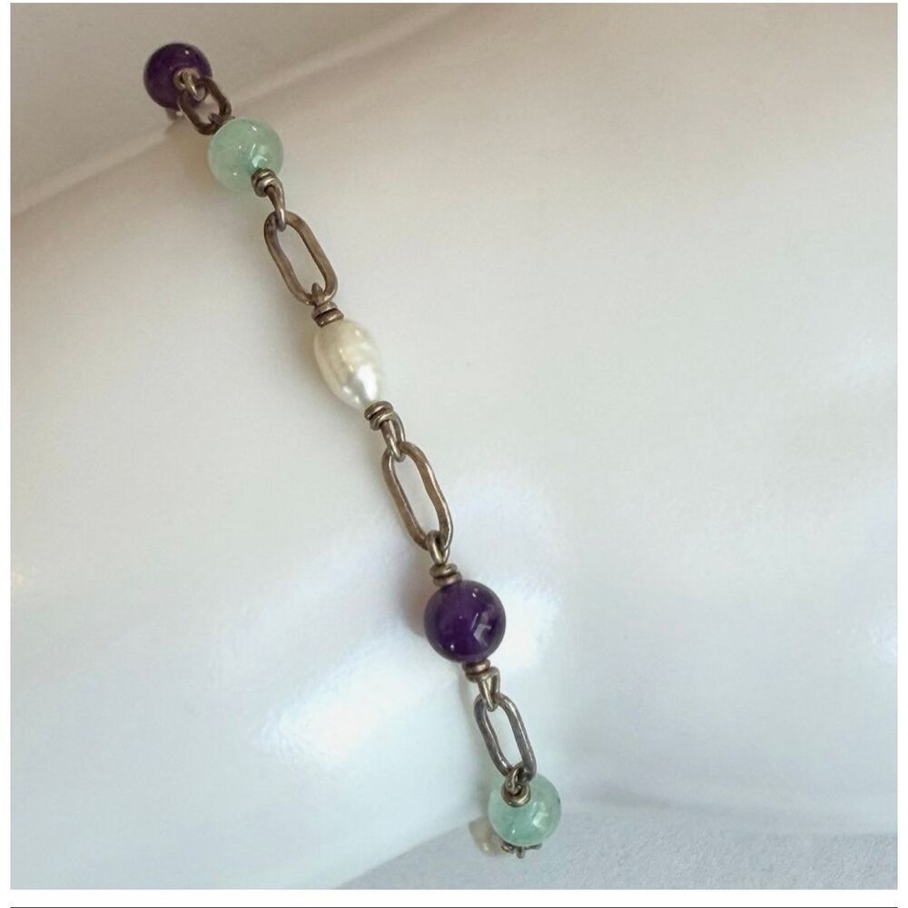 Sterling Silver Amethyst Aquamarine Freshwater Pearl Link Bracelet - Picture 3 of 9